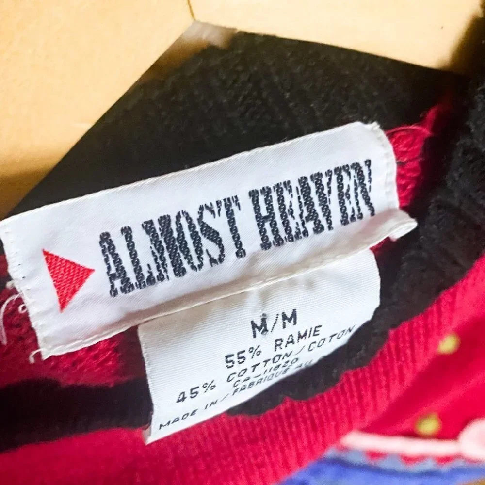 Vintage Almost Heaven Novelty Print Colourful Fringe Trim Unique Pullover M - Picture 4 of 5